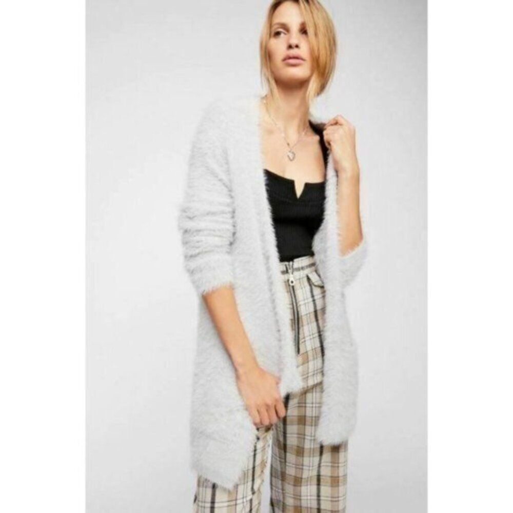 FREE PEOPLE Cardigan Fuzzy Faux Fur Cozy Open Front Silver Cloud Grey​ S